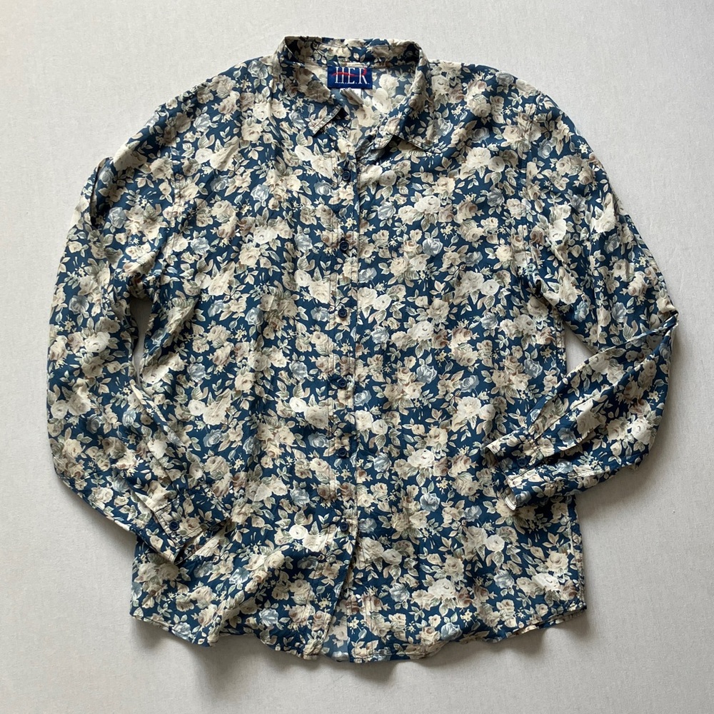 Elegant Floral 100% Silk Blouse - Blue and White